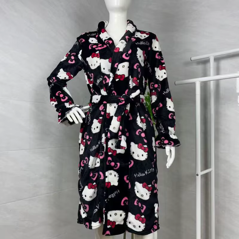 Camisola Hello Kitty Nova Coleção Outono Inverno, Robe Quente de Comprimento Médio, Pijama Feminino Quente, Roupa de...