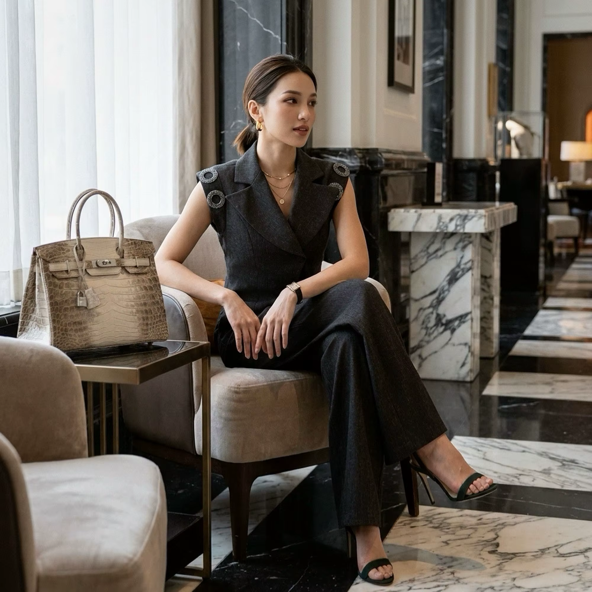 Conjunto de Terno com Colete e Blazer Elegante 2026 Outono, Colete com Fivela de Anel Metálico + Calças de Cintura Al...
