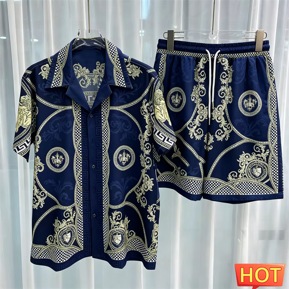 Conjunto de camisa e calça masculino de luxo com padrão de coroa listrada, conjunto de verão colorido, camisas de bot...