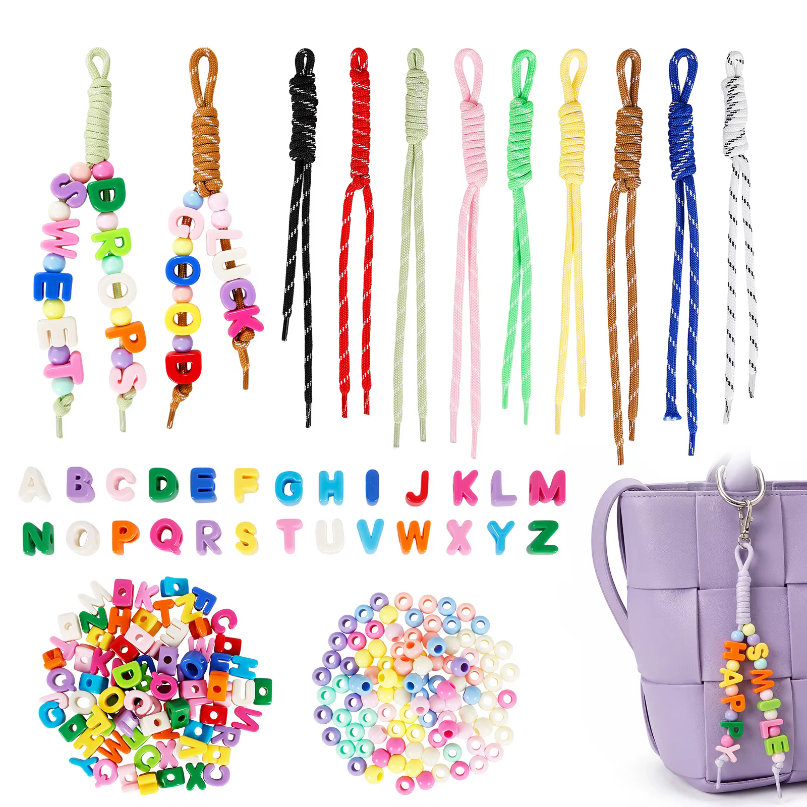 Kit de Miçangas Grandes Coloridas em Formato de Letras, Materiais para Fazer Chaveiros de Miçangas Acrílicas com 10 C...