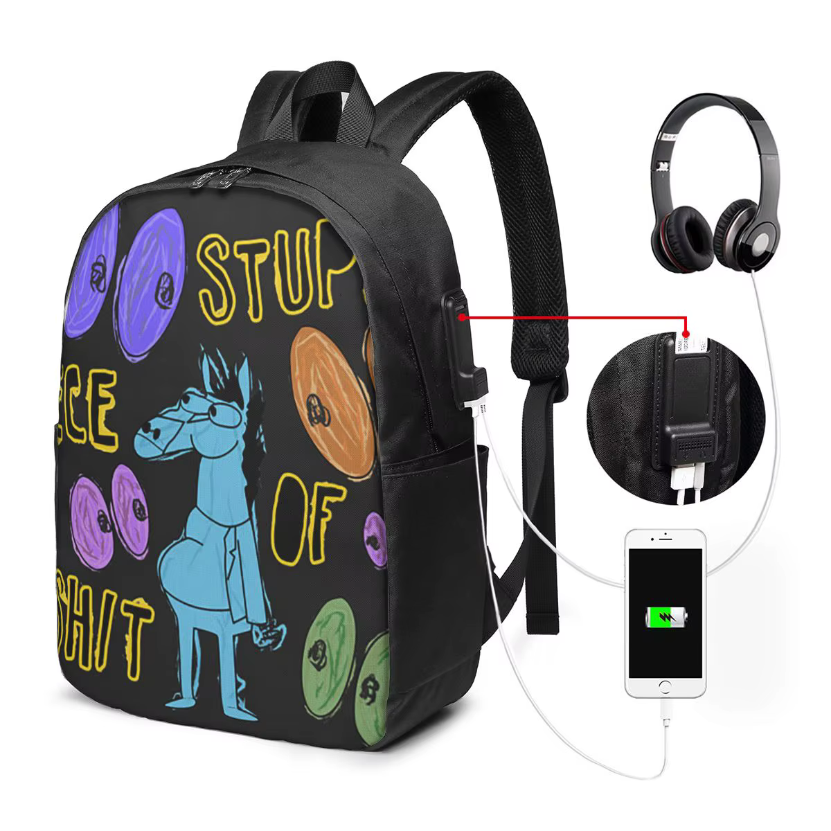 Mochila de viagem com desenho animado Bojack Horseman Stupid Piece Of Shit, bolsa para notebook, bolsa escolar para e...