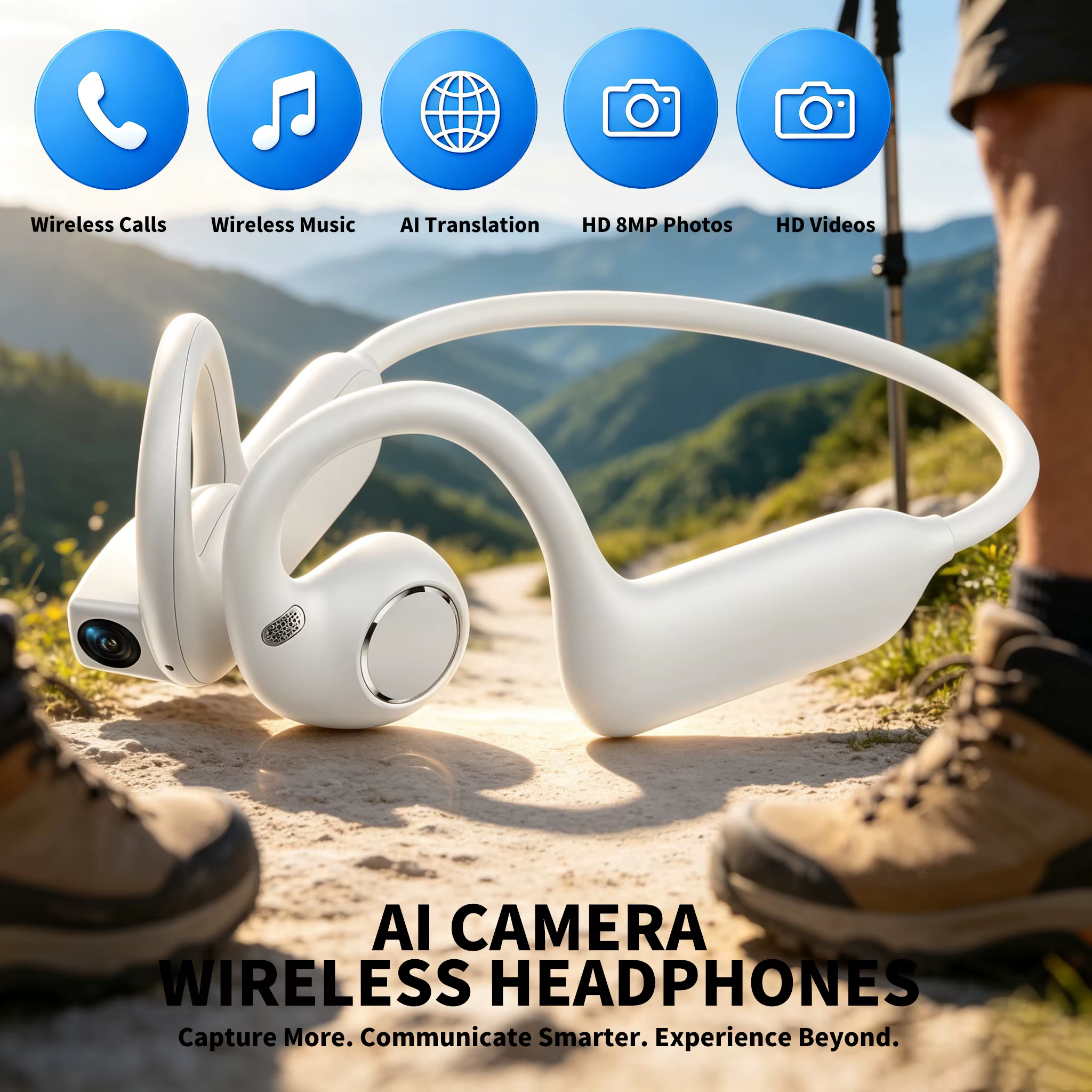 Fones de ouvido E12 com design aberto, câmera HD, tradutor de voz com inteligência artificial, fones de ouvido Blueto...
