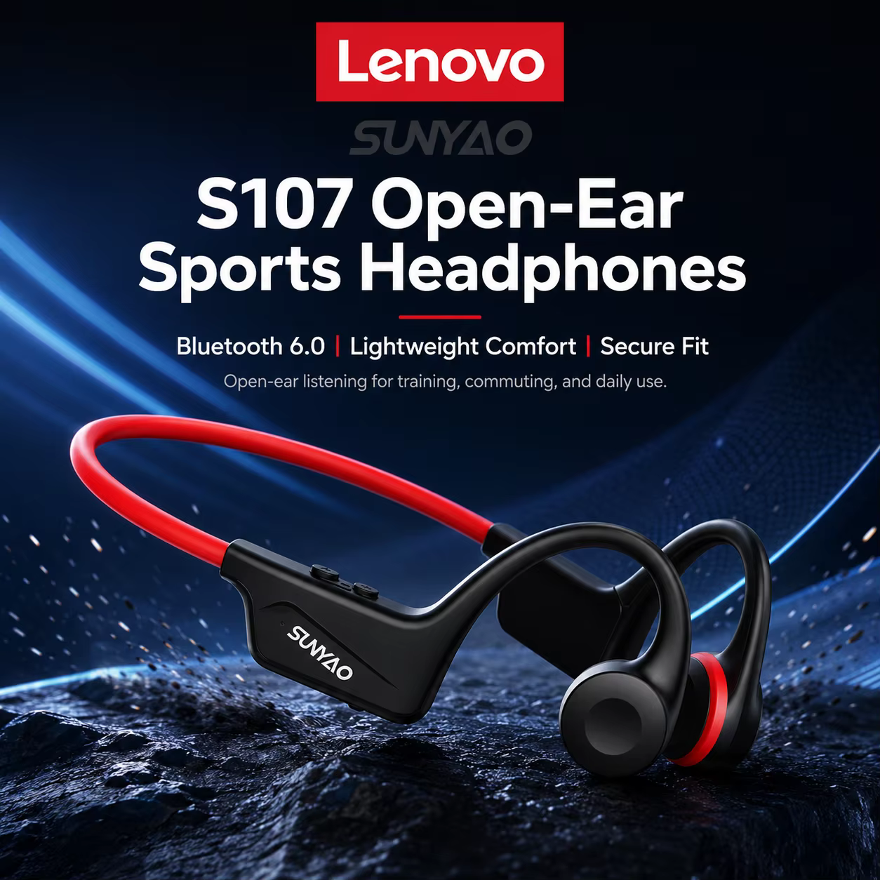 Fones de Ouvido de Condução Óssea Lenovo S107 Bluetooth 6.0, Fone de Ouvido Sem Fio Esportivo com Gancho de Orelha, F...