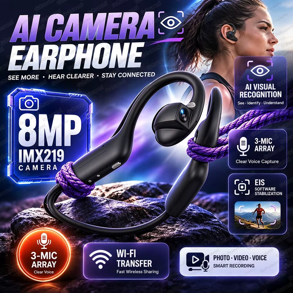 Fones de Ouvido Inteligentes com IA, Câmera de 8MP, Gravação de Vídeo, Reconhecimento de Fotos por IA, Atendimento de...
