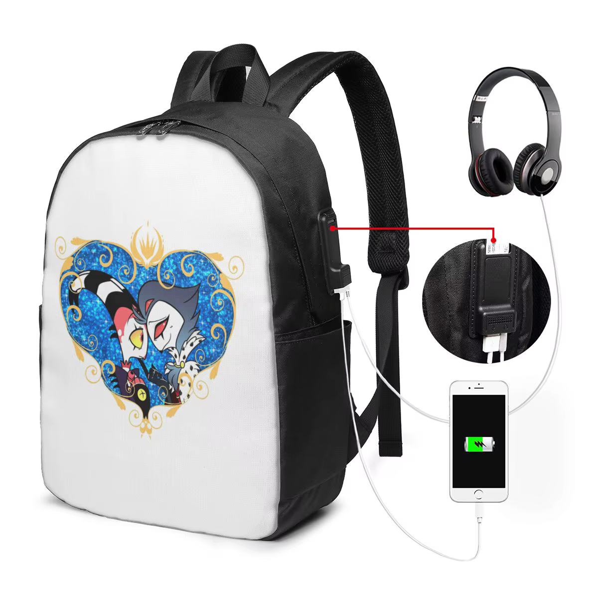 Helluva Boss Stolas e Blitzo Heart Frame Mochila para viagem, bolsa para notebook, bolsa escolar para estudantes univ...