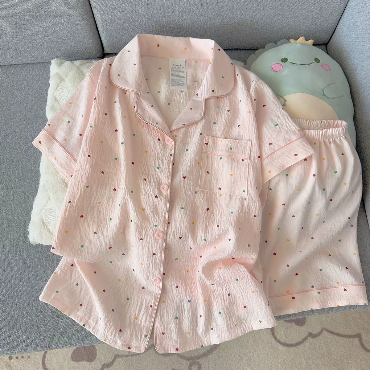 Conjunto de pijama feminino de algodão com estampa de bolinhas, top de manga curta e shorts, 2 peças, casual, confort...