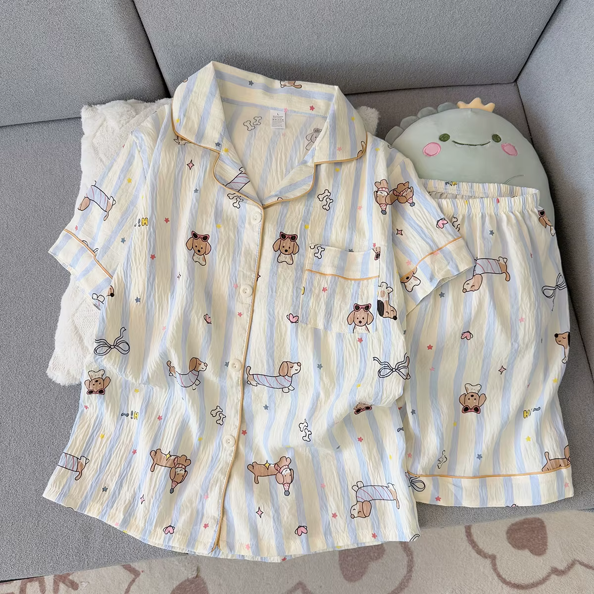 Pijamas Finos de Verão para Mulheres com Estampa de Cachorrinho, Camiseta de Manga Curta e Shorts, Doces e Fofos, Pod...