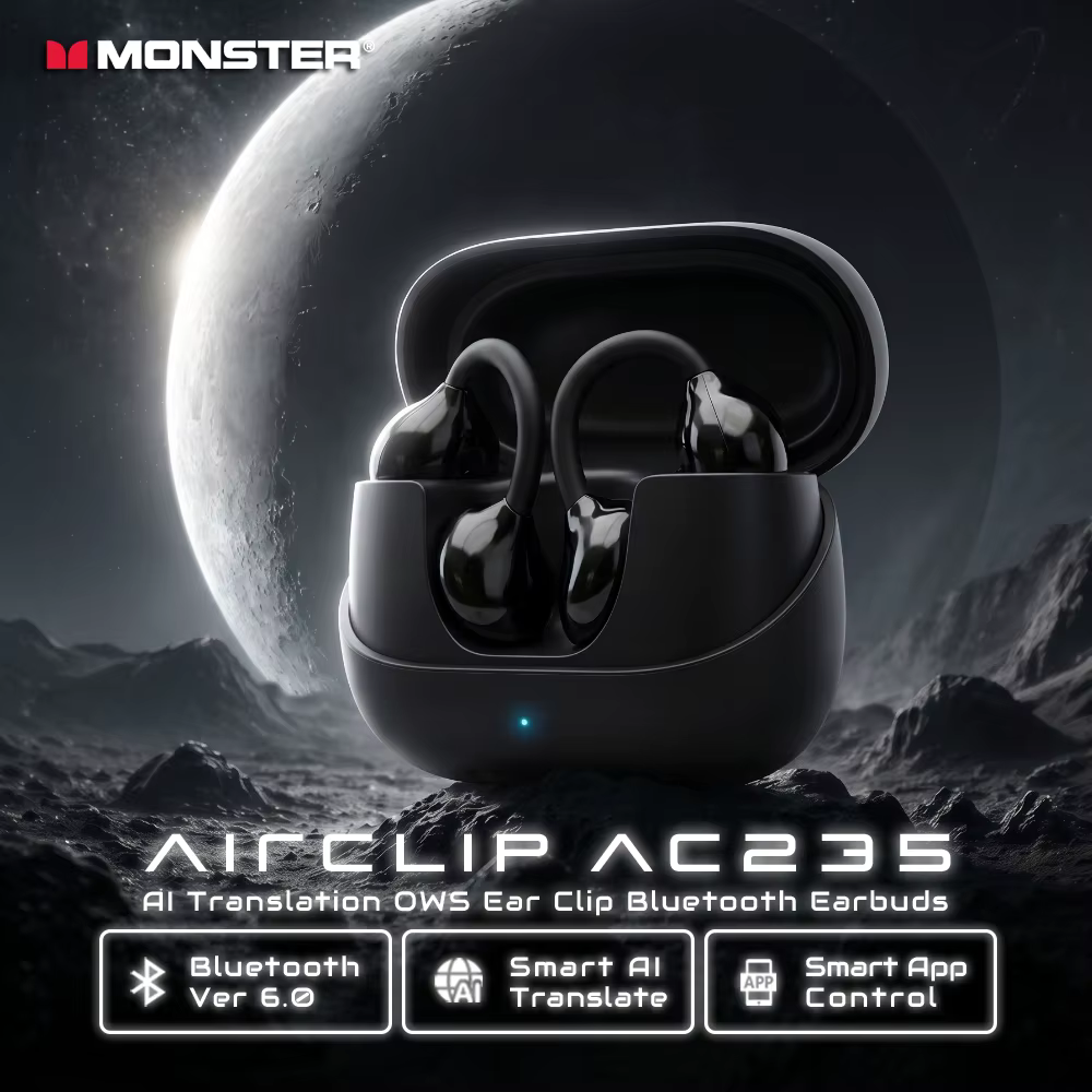 Monster AirClip AC235, fones de ouvido Bluetooth 6.0 com clipe para a orelha, fones de ouvido com tradução por IA, fo...