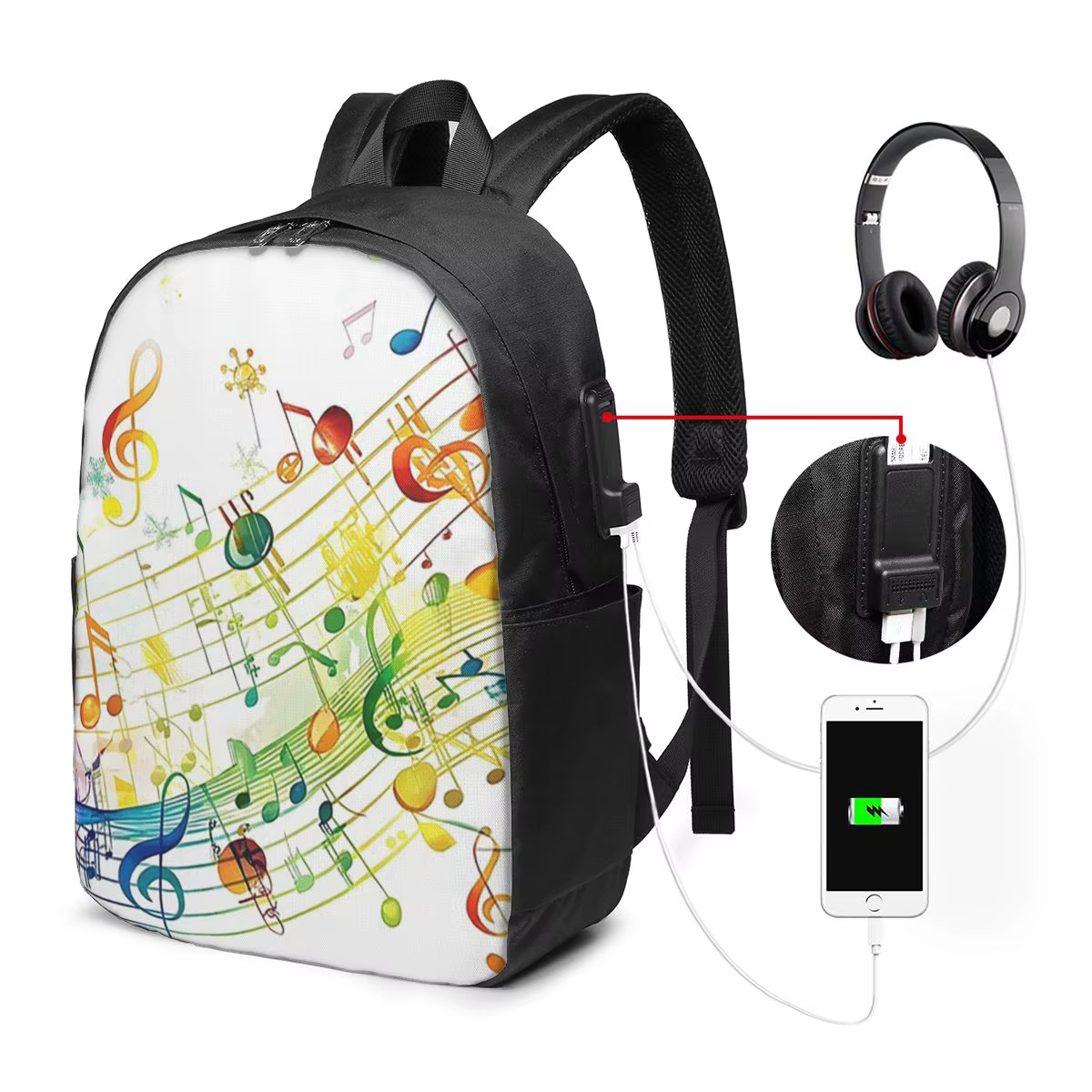 Mochila com estampa de teclas de piano abstratas com notas musicais, bolsa de viagem para notebook, bolsa escolar par...